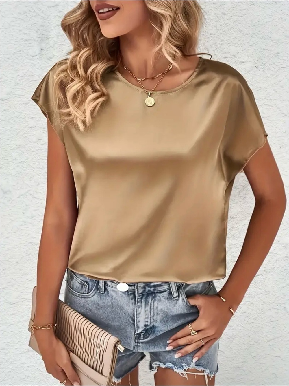 Satin Short Sleeve Top in Gold - Women Tops NWOT